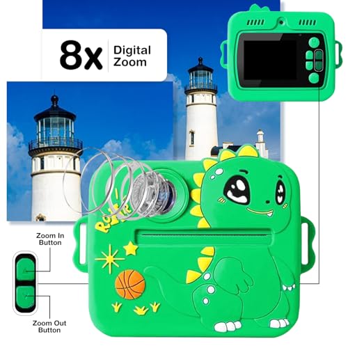 Image of Wembley DIY Instant Print Camera for Kids 3+| Includes Print Rolls, 4GB SD Card & Strap| Fun & Rechargeable Birthday Gift for Boys & Girls (Dino)