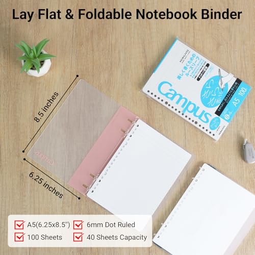 Image of KOKUYO Campus 2x2 Spiral Binder Notebook Set, A5 Refillable Notebook + 100 Refill Papers with 6mm Dot Ruled, 40 Sheet Capacity, Pink, Perfect for Work, Study & Journal