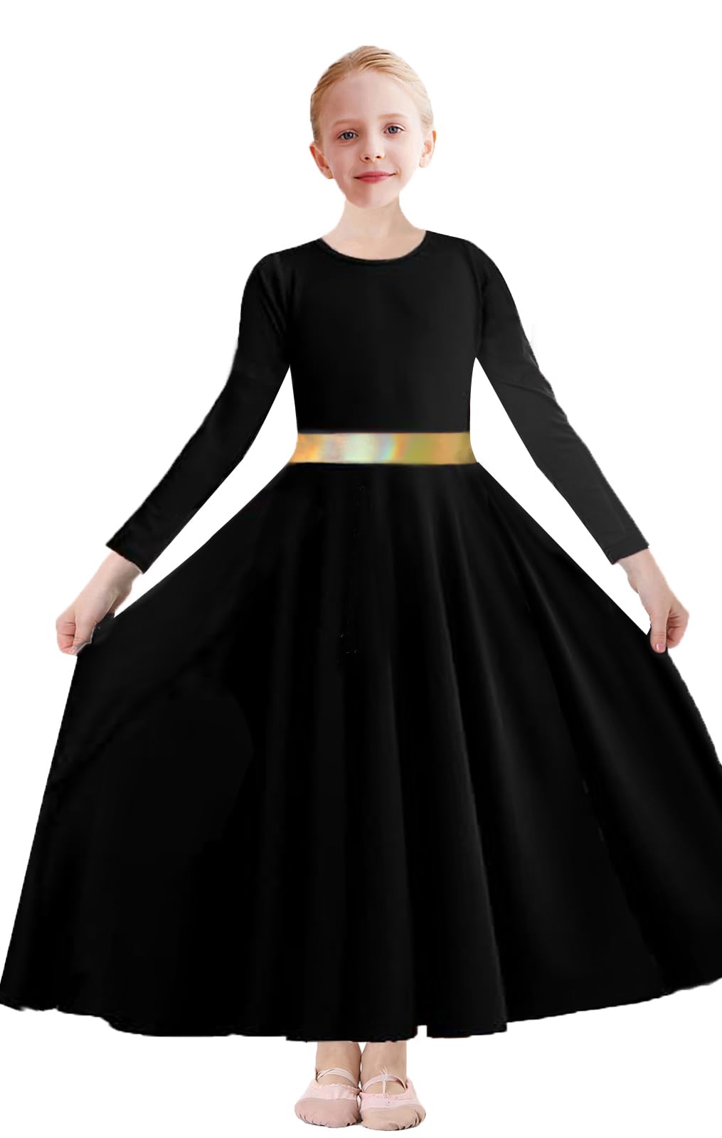 ORIDOOR Girls Praise Dance Dress Metallic Gold Liturgical Worship Church Robe Full Length Swing Lyrical Costume 02-Black Tag130