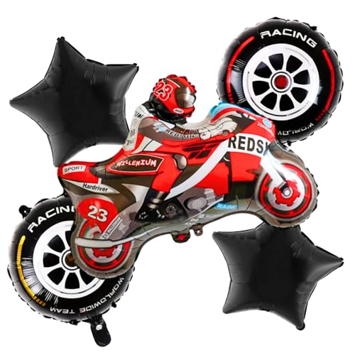 Image of Party Decorz Racing Bike Foil Balloon Set (1 Racing Bike Foil Balloon+ 2 Black Star Foil Balloons+ 2 Bike Wheels Round Foil Balloons) Perfect Racing Theme Decoration Balloon Set