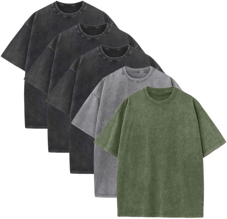 5 Pcs Oversized T-Shirts Heavyweight Cotton Vintage Wash Solid Casual Crew Tee Tops Workout Tshirts for Man Women