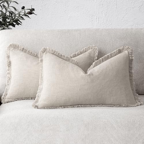 Foindtower Lot de 2 Housses de Coussin Lombaire à Franges en Lin de Style bohème et Rustique avec Pampilles, Douce et Confortable pour Chaise, canapé, Salon,...