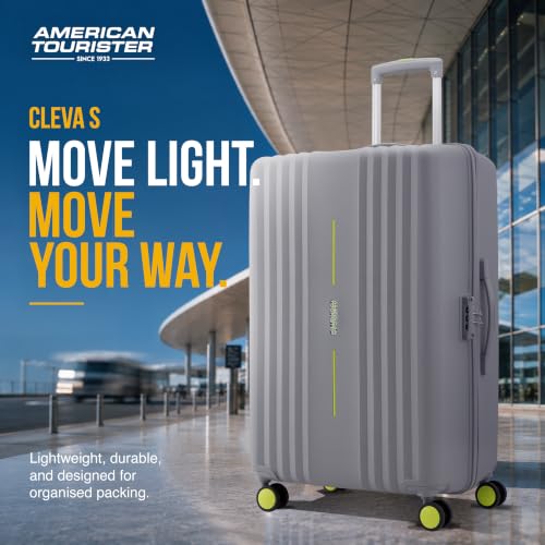 Image of American Tourister Cleva S | Luggage Trolley Bag (77 cm) | 360 8 Wheel Travel Luggage | 2 Compartments | Hard Luggage Polypropylene Suitcase | Mounted TSA Lock | 3 Years Global Warranty | Grey & Lime