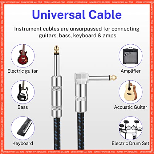 Image of Donner Guitar Cable 10 ft, Premium Electric Instrument Bass Cable AMP Cord 1 /4 Right Angle to Straight Black Blue