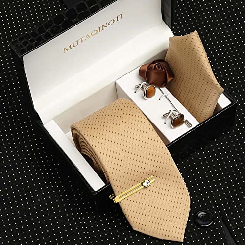 Image of MUTAQINOTI Mens Woven Premium Silk Necktie Suit Accessories Set With Pocket Square Cufflinks Brooch Golden Tie Pin (TEGP2)