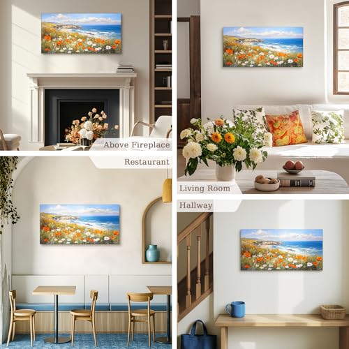 crmotu Coastal Wall Art, Flower Pictures Wall Decor, Large Landscape Wall Art, Seaside Wildflower Art Prints, Seascape Paintings for Living Room Bedroom Bathroom Kitchen Farmhouse Cottage 20x40inch