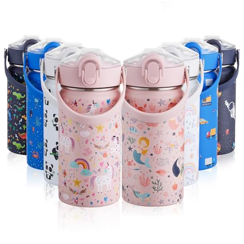 Autsel 420ml Botella Agua para Niños Acero Inoxidable con Pajita, Botella Termica Infantil Frías y Calientes Sin BPA para la Escuela Unicornio
