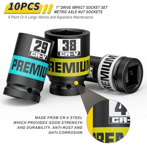 Image of 10 Piece 1 inch Drive Impact Socket Set, Metric Axle Nut Sockets, 21-41mm Thicker Jumbo Sockets, Socket Set, 6 Point, Cr-V, Vehicle and Apparatus Maintenance
