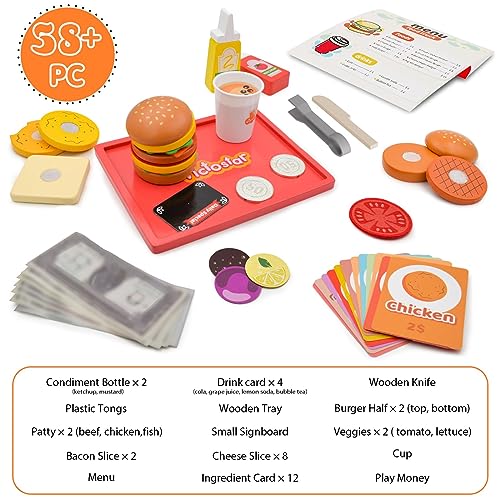 Victostar Wooden Play Food Set (58 pcs) Slice & Stack Sandwich Counter, Pretend Play Store Food Toys, Burger Shop Toys for Boys and Girls - Thumbnail 7
