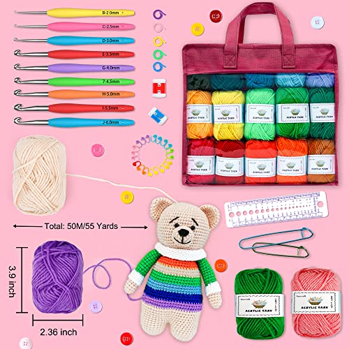 Image of INSCRAFT Crochet Yarn Kit for Beginners Adults, Includes 1650 Yards 30 Colors Acrylic Skeins, User Manual, Hooks, Wine Bag etc, Make Amigurumi & Projects, Starter Set Professionals
