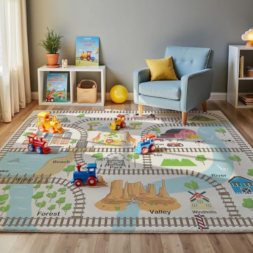 Image of Train Track Adventure Kids Play Rug - Non-Slip Faux Wool Carpet with Interactive Railway, Volcano & City Map Design, Educational Toy Carpet for Bedroom or Playroom.