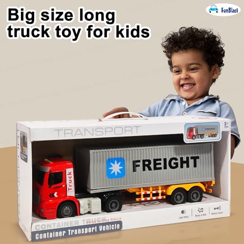 Image of FunBlast Container Truck Toy for Kids - Large Transport Lorry with Light & Sound, Realistic Design Smoother & Speedier Friction Powered Vehicle Toy for 3+ Boys, Girls (Random Color)