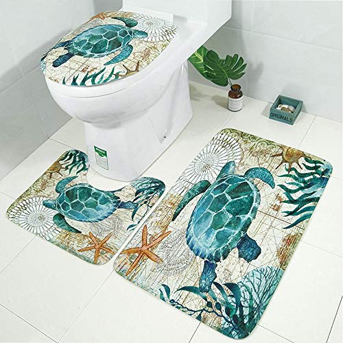 LAOSHIZI Tapis de Bain Doux Antidérapant Imprimé Animal Marin 3 pièces Ensemble de Salle de Bain Tapis Contour WC Couvre Couverture de Toilette Siège Tortue de mer Cover