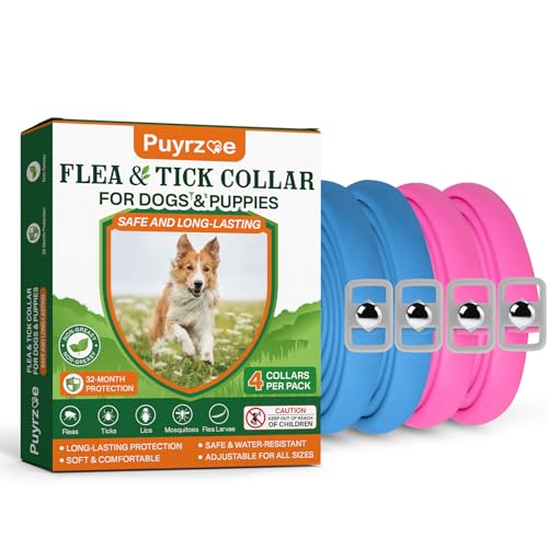 Puyrzoe Flea and Tick Prevention for Dogs Collar 4 Pack, Natural Flea Collar for Dogs 32-Month Full Protection, Adjustable Dog Tick Prevention for Puppy & Dog, Waterproof, 2 Pink & 2 Blue