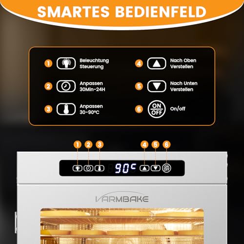 VarmBake Suszarka ze stali nierdzewnej, 14 poziomów, 30-90℃, mała powierzchnia suszenia 0,5 ㎡, 500 W, do suszonych pomidorów, owoców, mięsa, warzyw i 316 tac (25 x 25 cm)