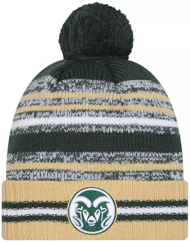 New Era Colorado State Rams Onfield Sport Gold Striped Cuffed College Knit Beanie Hat Pom - NCAA Cheer Cuff Knit Cap