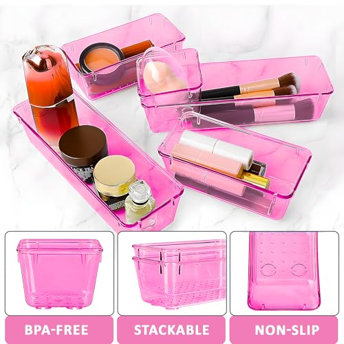 Image of Kuber Industries Acrylic Set of 25 Transparent Cosmetic Organizer Tray | Drawers Organisers for Kitchen, Office and Bathroom Vanity Makeup | Stationery Storage Drawer Divider Tray | Pink