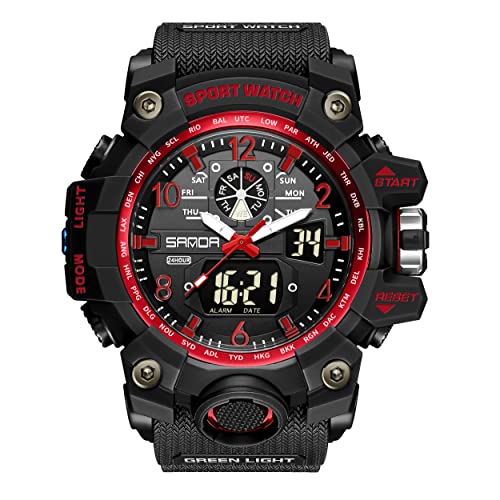 KXAITO Mens Watches Sports Outdoor Waterproof Military Watch Date Multi Function Tactics LED Face Alarm Stopwatch for Men 3169 (Red_Band)