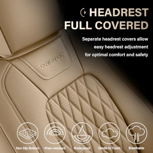 Image of Coverado Premium Leather Truck Front Seat Covers - Custom Fit, Waterproof, Heavy Duty, Anti-Spill, Scratch Resistant Protector for Ford F150 2015-2026, F250-F450, Beige