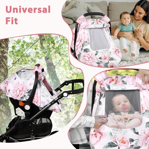 Image of Pea Pod Car Seat Cover for Baby Girls, Floral Infant Car Seat Canopy Cover for Newborn, with 2 Layers Windows of Breathable Mesh /Fabric, 3D Minky Dot Backing, Ultra Soft & Comfortable
