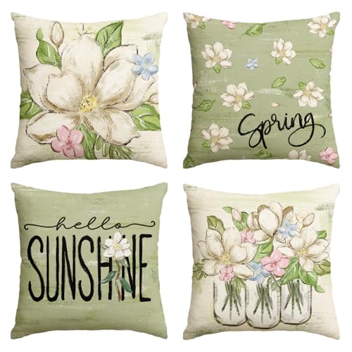 AVOIN colorlife Spring Mangnolia Green Throw Pillow Covers 16 x 16 Inch Hello Sunshine Vases Cushion Case Decoration for Sofa Couch Set of 4