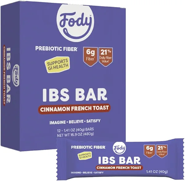 Fody Foods IBS Snack Bars, Cinnamon French Toast, 1.41 Oz (Pack of 12), 6g Prebiotic Fiber, Low FODMAP, Gut & IBS Friendly, Lactose Free, Non-GMO, Gluten Free