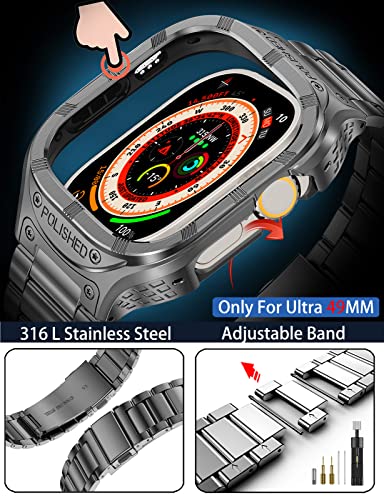 San Jeirie for Apple Watch Ultra Strap 49mm,Stainless Steel Apple Watch Ultra Band and Case,Rugged Metal Protective Bumper Cover with Military Soft TPU Case for Men iWatch Strap (Grey) - Image 4