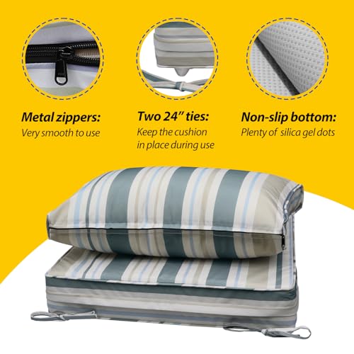 Image of AAAAAcessories Outdoor Seat Cushions for Chairs, Fade-Resistant, Waterproof Patio Furniture Replacement Cushions, 23 inch x 23 inch x 5 inch + 23 inch x 13.5 inch, Slate Gray Blue Coastal Stripe
