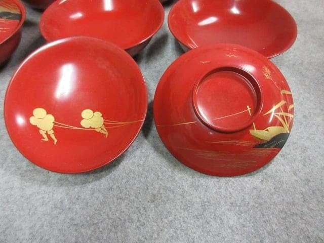 朱塗 蒔絵 風景 梅椀 10個 B22255 朱塗 蒔絵 風景 梅椀 10