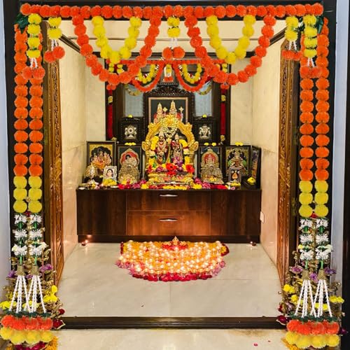 Image of Marigold Garland for Diwali Decoration- 5PCS 5FT Artificial Marigold String Bandarwal Toran Porch Valance Mandir Pooja Decor Mandap Wedding Housewarming Patio Party Backdrop Ornament