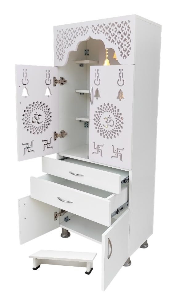 Image of Wooden Temple for Home with LED Light and Pooja chowki (Sitting Table), White Engineered Wood Pooja Mandir, 57 inch Height, Pre-Assembled