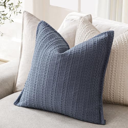 Image of Foindtower Set of 2 Decorative Cotton Waffle Weave Throw Pillow Covers Euro Shams Cushion Covers Accent European Pillowcase for Bed Couch Sofa Bedroom Living Room Home Decor 20x20 Inch Blue