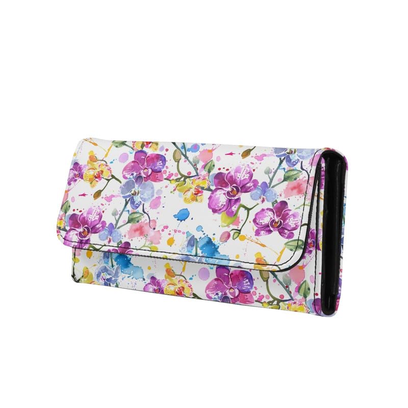 PU Leather Orchid Flowers Trifold Wallets for Women Watercolor Painting Floral Tall Billfold Cash Wallet with Zipper Coin Pocket White Long Money Manager Leather Wallets