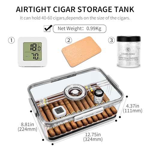 Image of Cigar Humidor Clear Acrylic Humidor Spanish Cedar Plank Cigar Case Box Plastic Portable Airtight Container Holds 40-60 Cigars with Hygrometer and Humidifier(Medium)