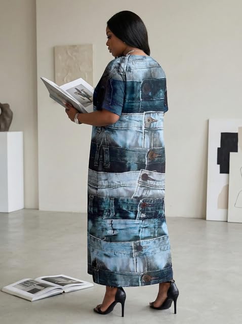 Image of SUZONANA Plus Size Denim Print Maxi Dresses for Curvy Women Casual Blue Jean Dress Summer Short Sleeve Tshirt Western Cowgirl Outfits XL