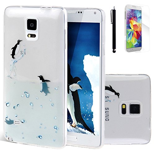 Samsung Galaxy Note 4 Silicone Case,Galaxy Note 4 Soft Case, Qbily Ultra Thin Transparent Case Bumper Protection Scratch Resistant Covers Slim Fit Soft Silicone Gel Clear View Cover for Samsung Galaxy Note 4 with Anti-glare Clear Screen Protector Film and Black Stylus Pen (Cute Penguin Jumping in the Water)