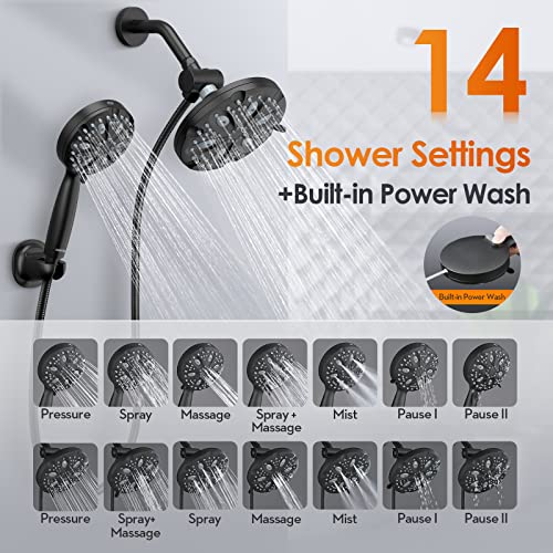 Shower Head Combo-Watersong 14 Settings 7'' Rain Showerhead+5'' Handheld Shower Spray With Build In Power Wash, 6.5Ft Hose/Adjustable Mount For Bath Massage Spa, 3-Way Diverter, Matte Black #TOP1