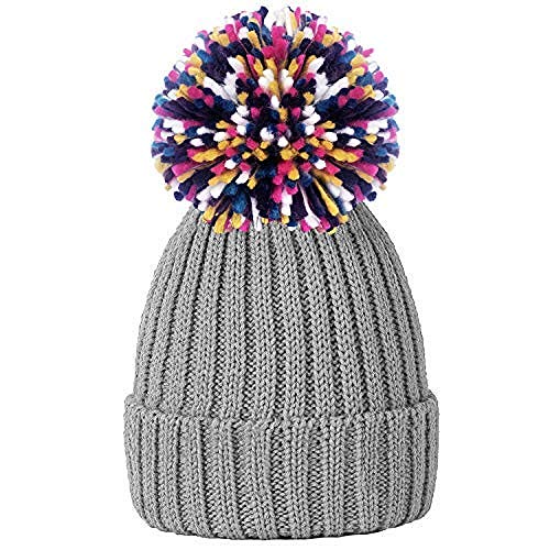 Rockjock Ladies Womens Girls Rib Knit Plain Statement Winter Beanie Bobble Hat With Large Multi-Coloured Pom Pom-Grey