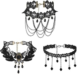 Flongo Punk Women Girl 3PCS Black Retro Gothic Lace Choker Necklace Collar Neckband, 13 inch