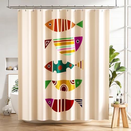 Image of AmazerBath Fish Shower Curtain, Geometric Shaped Fish Bathroom Shower Curtain with 12 Shower Curtain Hooks, Rustic Fabric Shower Curtain Set, 72x72 Inches