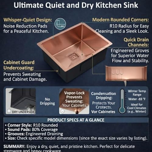 Image of RUVEL Kitchen Sink 24 inchx18 inchx9 inch | Premium Handmade 304 Grade Stainless Steel Single Bowl | Heavy Duty, Rust & Scratch Resistant | Includes Waste Coupling, Drain Rack & Hose Pipes | Rose Gold
