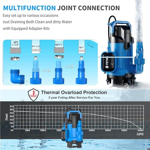 Image of FOTING 3 /4HP Sump Pump, 4300GPH High Flow Clean&Dirty Submersible Water Pump with Float Switch, Thermoplastic Electric Portable Utility Pump for Pool Draining Hot Tub Garden Basement