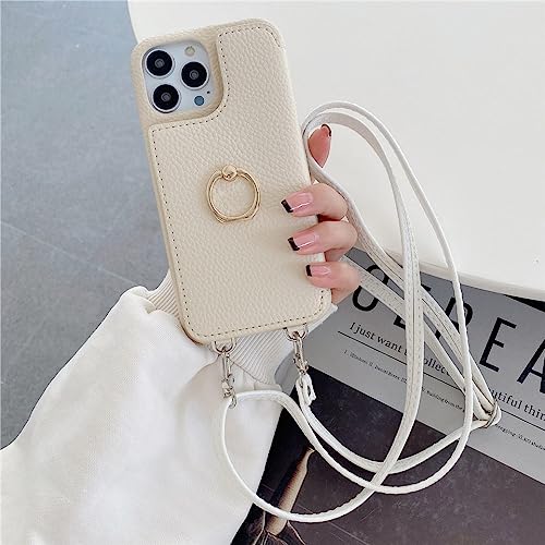 Étui portefeuille iPhone 14 Plus coque cuir cordon miroir maquillage beige