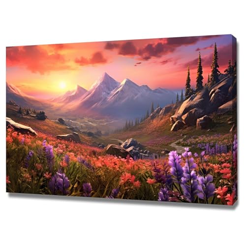 Toile murale montagne et lever de soleil pour déco de salon zen