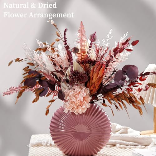 WXQX Magenta & Plum Purple Dried Flower Bouquet, Boho Burgundy Preserved Floral Arrangement with Pampas Grass & Eucalyptus, Long-Lasting Berry Tone Dried Flowers for Home Decor, Wedding & Fall Décor by WXQX - Image 5
