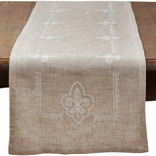SARO LIFESTYLE 1681.N1672B Collection - Camino de Mesa Bordado, 90% poliéster, 10% Lino, Color Natural