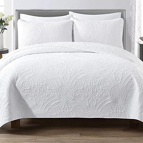 HaraDeco Colcha Boutí Blanca Cama 150 Floral, Confeccionado Microfibra Relleno Fina con Funda Almohada(Flor Blanca H2023, Cama 150)
