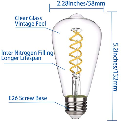 Isoptox 6 Pack Dimmable E26 Led Edison Bulbs 40W 60 Watt Equivalent, Cool Daylight White 5000K 6W 600 Lumens Clear Led Bulb, Flexible Spiral Filament St58 (St19) Vintage Chandelier Led Light Bulbs #TOP1