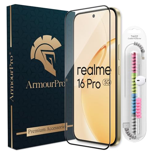 Image of ArmourPro Military-Grade Tempered Glass for Realme 16 Pro - 9H Anti Scratch, Edge-to-Edge Coverage, HD Clarity, Smooth Touch, Case Friendly, Easy Installation Kit with Cable Protector