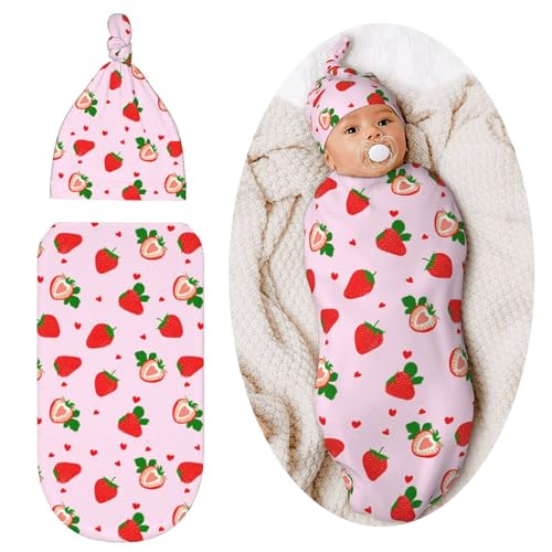 Image of Lcokin Swaddle Blanket Strawberry Baby Stuff Newborn Baby Swaddling Blanket Sleep Sack with Beanie Hat Sets for Boys Girls Infant and Baby Shower Unisex